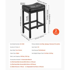 VEVOR Bar Stool Set of 2, PU Leather Counter Height Stools, 25 inch Barstool with Saddle-Seat and Metal Legs, Easy Assembly Backless Bar Chair, Island Barstools for Kitchen, Dining Room, Cafe, Black