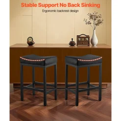 VEVOR Bar Stool Set of 2, PU Leather Counter Height Stools, 25 inch Barstool with Saddle-Seat and Metal Legs, Easy Assembly Backless Bar Chair, Island Barstools for Kitchen, Dining Room, Cafe, Black