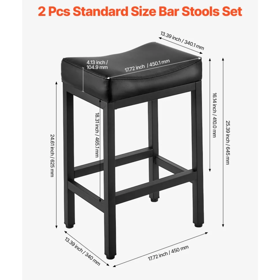 VEVOR Bar Stool Set of 2, PU Leather Counter Height Stools, 25 inch Barstool with Saddle-Seat and Metal Legs, Easy Assembly Backless Bar Chair, Island Barstools for Kitchen, Dining Room, Cafe, Black