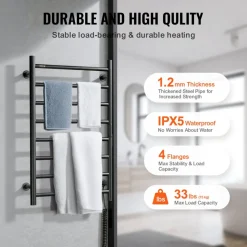 VEVOR 8 Bars Towel Warmer Rack, 120V Wall Mounted Heated Towel Rack for Bathroom, IPX5 Waterpoof Towel Heater Rack with Timer & LED Display Screen, 5 Levels Adjustable Temperature Towel Heater, Black