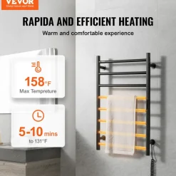 VEVOR 8 Bars Towel Warmer Rack, 120V Wall Mounted Heated Towel Rack for Bathroom, IPX5 Waterpoof Towel Heater Rack with Timer & LED Display Screen, 5 Levels Adjustable Temperature Towel Heater, Black