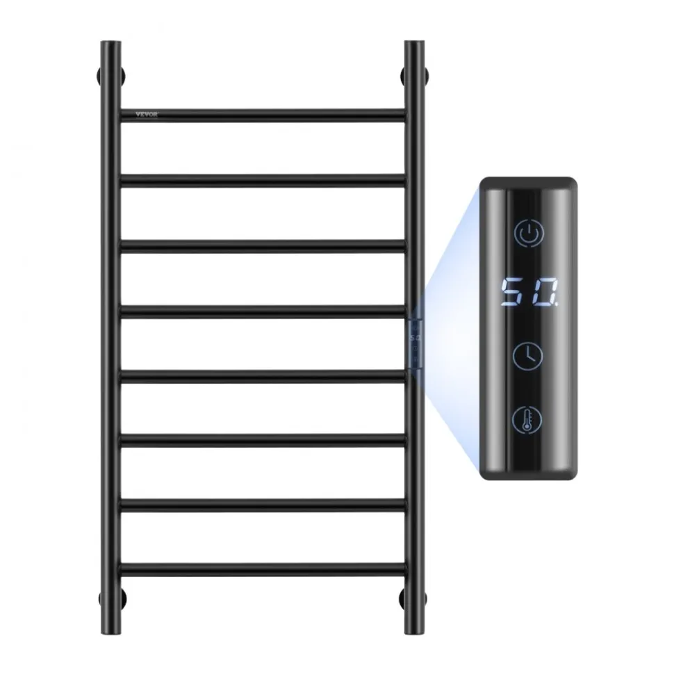 VEVOR 8 Bars Towel Warmer Rack, 120V Wall Mounted Heated Towel Rack for Bathroom, IPX5 Waterpoof Towel Heater Rack with Timer & LED Display Screen, 5 Levels Adjustable Temperature Towel Heater, Black
