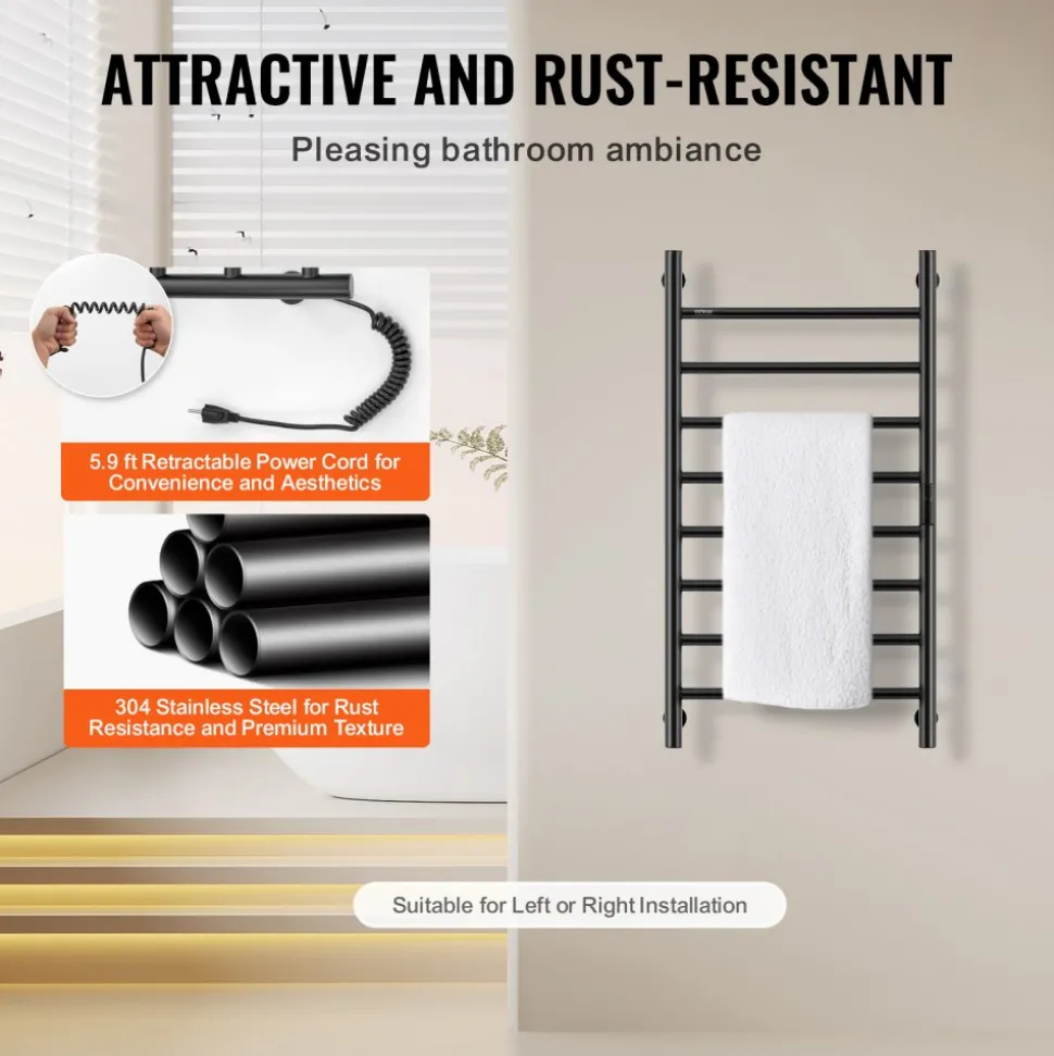 VEVOR 8 Bars Towel Warmer Rack, 120V Wall Mounted Heated Towel Rack for Bathroom, IPX5 Waterpoof Towel Heater Rack with Timer & LED Display Screen, 5 Levels Adjustable Temperature Towel Heater, Black