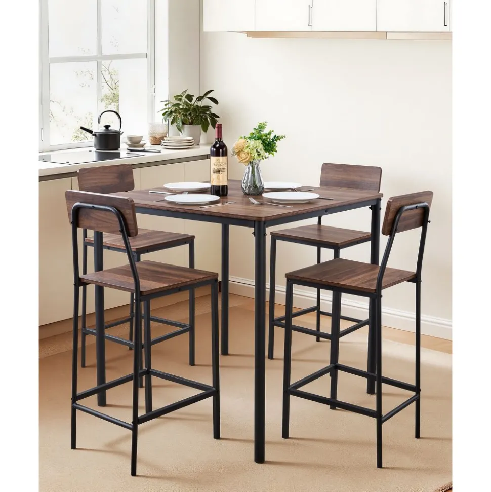 VEVOR Bar Table, 5PCS 35″ Bars Tables Set, Bar Tables and Chair Set with Rounded Edge Design, Square Pub Table with Four Stools for Living Room, Dining Room, Kitchen, Walnut Color, Black