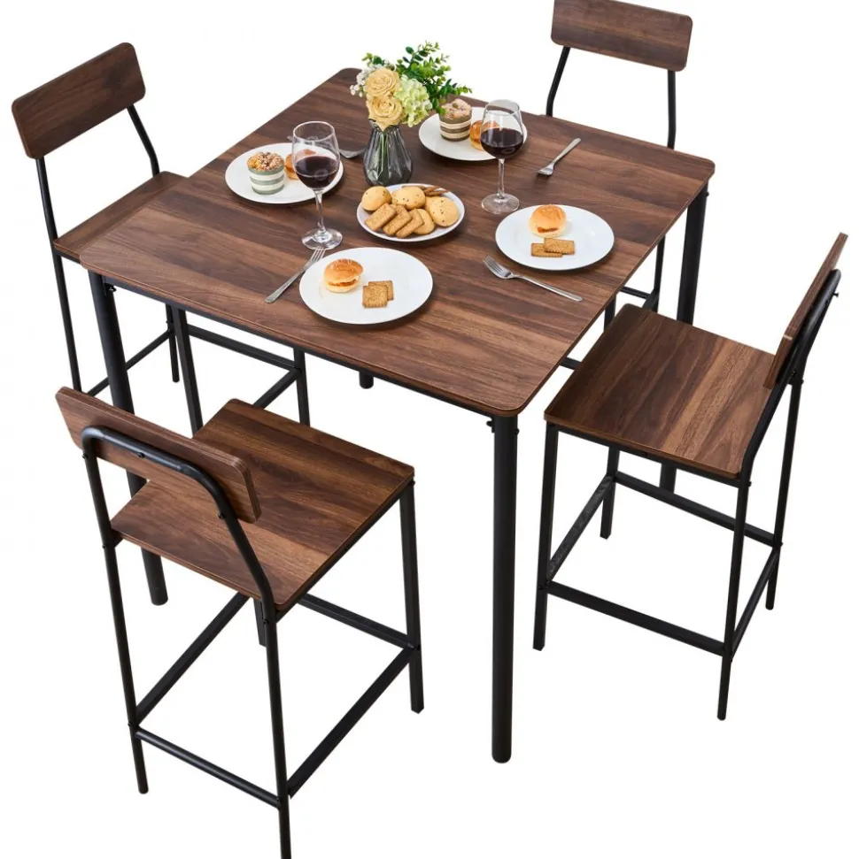 VEVOR Bar Table, 5PCS 35″ Bars Tables Set, Bar Tables and Chair Set with Rounded Edge Design, Square Pub Table with Four Stools for Living Room, Dining Room, Kitchen, Walnut Color, Black
