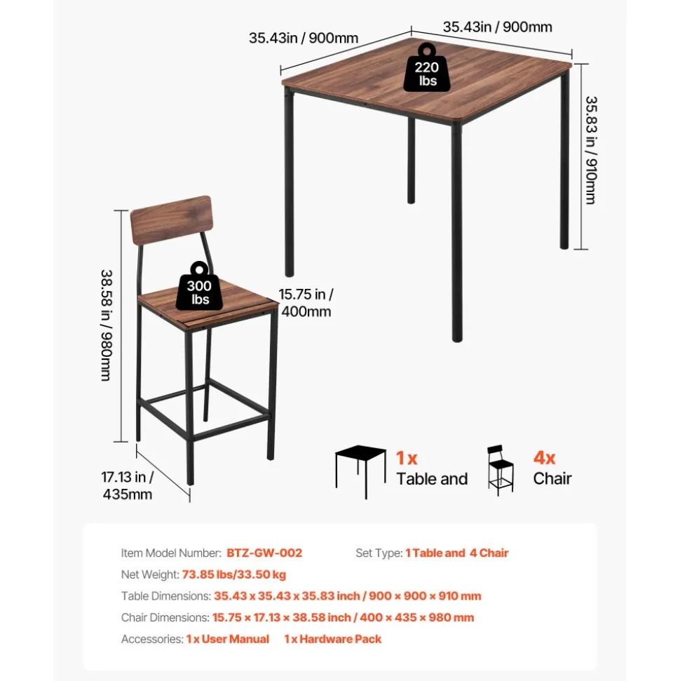 VEVOR Bar Table, 5PCS 35″ Bars Tables Set, Bar Tables and Chair Set with Rounded Edge Design, Square Pub Table with Four Stools for Living Room, Dining Room, Kitchen, Walnut Color, Black