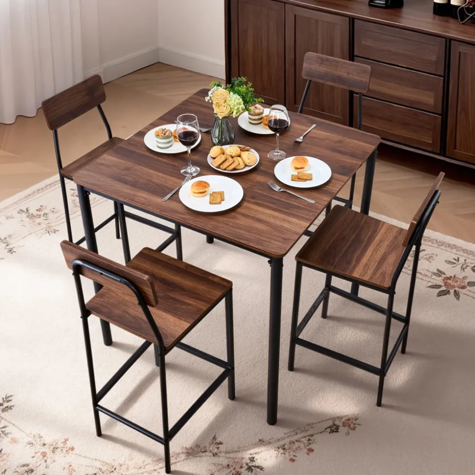 VEVOR Bar Table, 5PCS 35″ Bars Tables Set, Bar Tables and Chair Set with Rounded Edge Design, Square Pub Table with Four Stools for Living Room, Dining Room, Kitchen, Walnut Color, Black