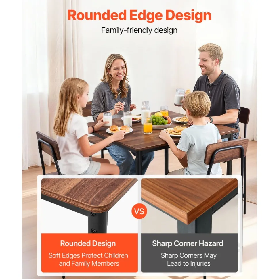 VEVOR Bar Table, 5PCS 35″ Bars Tables Set, Bar Tables and Chair Set with Rounded Edge Design, Square Pub Table with Four Stools for Living Room, Dining Room, Kitchen, Walnut Color, Black