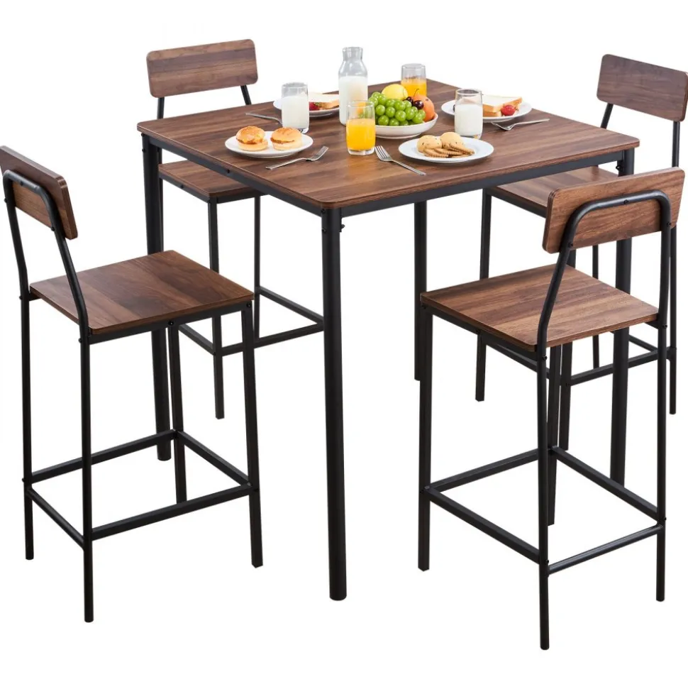 VEVOR Bar Table, 5PCS 35″ Bars Tables Set, Bar Tables and Chair Set with Rounded Edge Design, Square Pub Table with Four Stools for Living Room, Dining Room, Kitchen, Walnut Color, Black