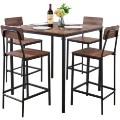 VEVOR Bar Table, 5PCS 35″ Bars Tables Set, Bar Tables and Chair Set with Rounded Edge Design, Square Pub Table with Four Stools for Living Room, Dining Room, Kitchen, Walnut Color, Black
