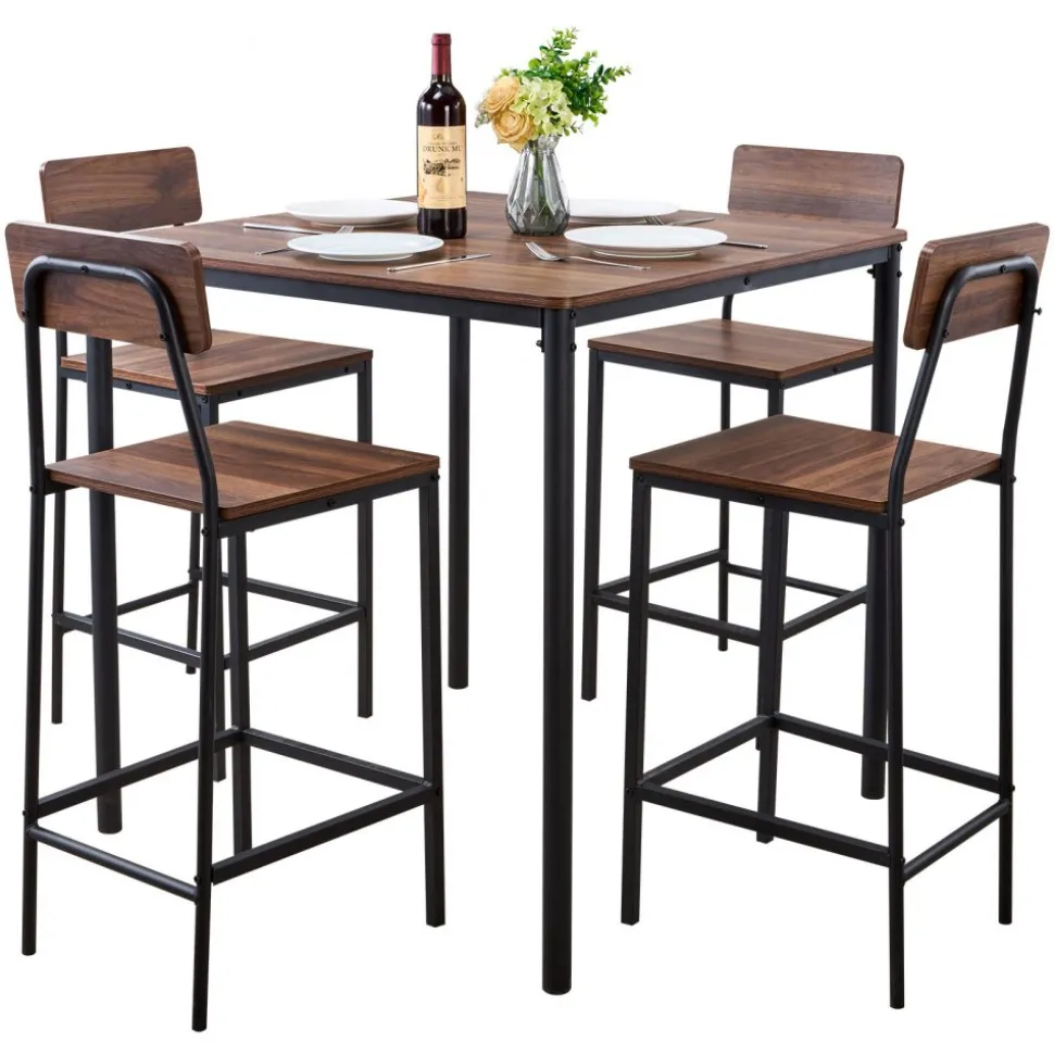 VEVOR Bar Table, 5PCS 35″ Bars Tables Set, Bar Tables and Chair Set with Rounded Edge Design, Square Pub Table with Four Stools for Living Room, Dining Room, Kitchen, Walnut Color, Black