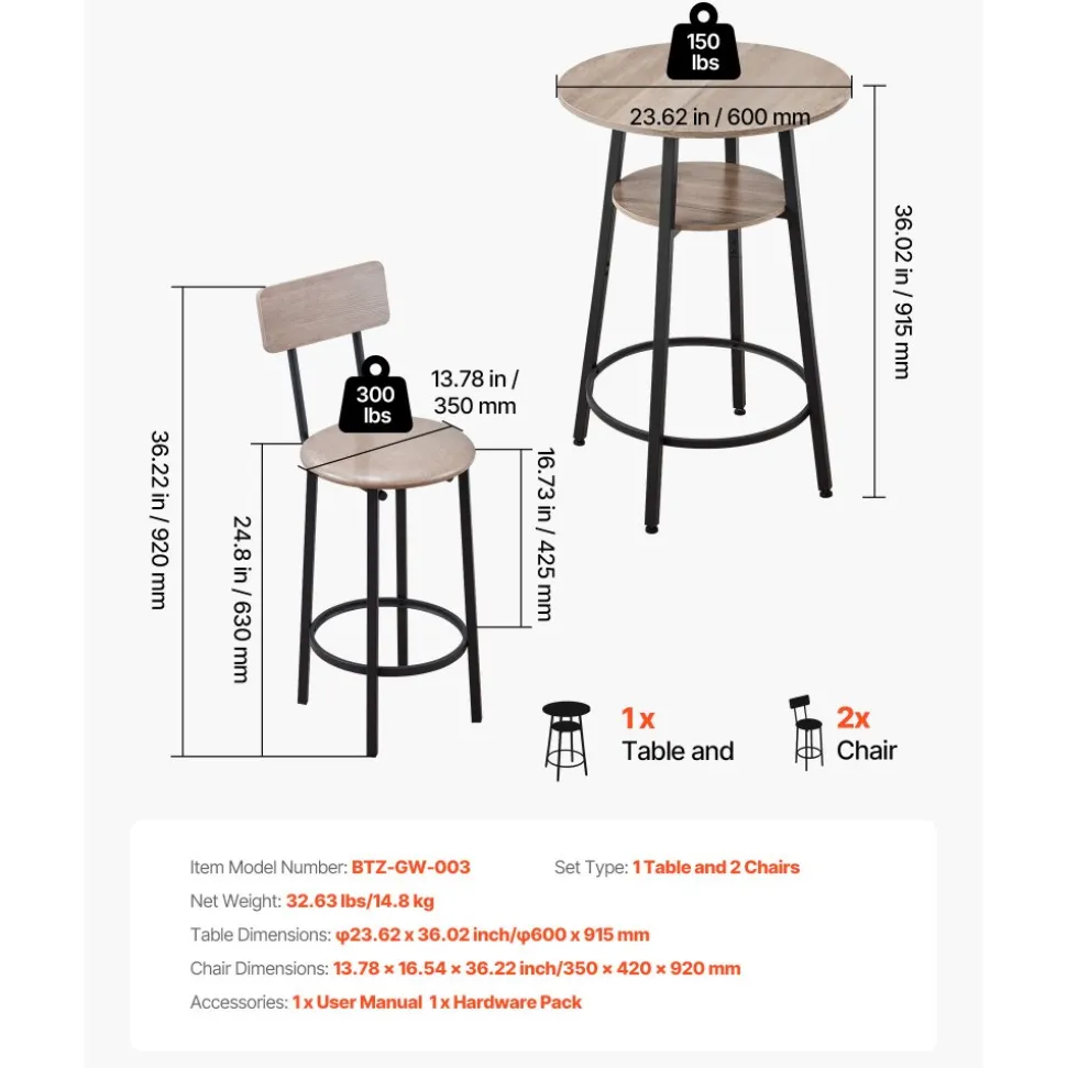 VEVOR Bar Table, 3PCS 47″ Bars Tables Set, Bar Tables and Chair Set with Rounded Edge Design, Rectangular Pub Table with Two Stools for Office Desk, Breakfast Corner, Mini Bars, Rustic Brown, Black