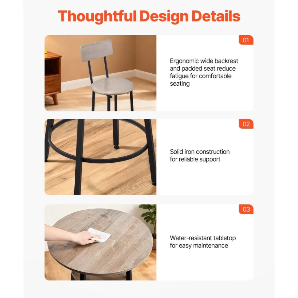 VEVOR Bar Table, 3PCS 47″ Bars Tables Set, Bar Tables and Chair Set with Rounded Edge Design, Rectangular Pub Table with Two Stools for Office Desk, Breakfast Corner, Mini Bars, Rustic Brown, Black