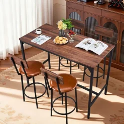 VEVOR Bar Table, 5PCS 47″ Bars Tables Set, Bar Tables and Chair Set with Rounded Edge Design, Rectangular Pub Table with Four Stools for Living Room, Dining Room, Kitchen, Walnut Color, Black