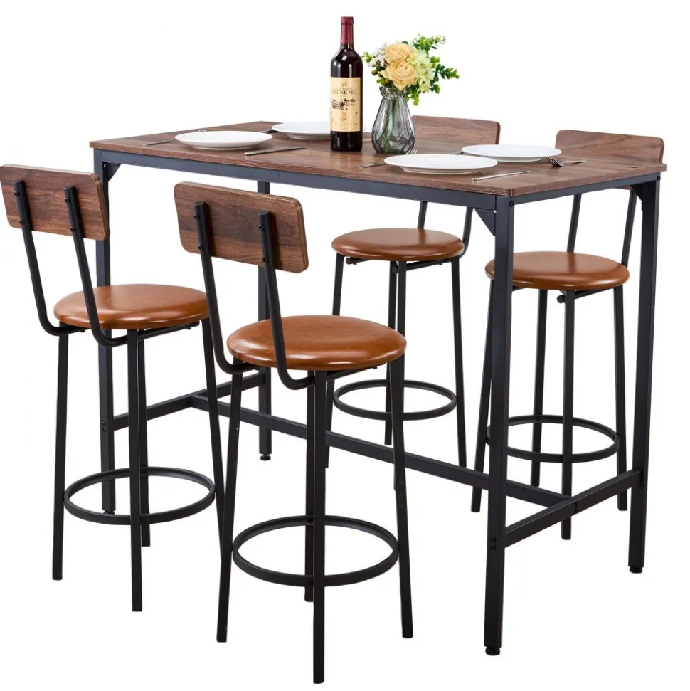 VEVOR Bar Table, 5PCS 47″ Bars Tables Set, Bar Tables and Chair Set with Rounded Edge Design, Rectangular Pub Table with Four Stools for Living Room, Dining Room, Kitchen, Walnut Color, Black