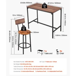 VEVOR Bar Table, 5PCS 47″ Bars Tables Set, Bar Tables and Chair Set with Rounded Edge Design, Rectangular Pub Table with Four Stools for Living Room, Dining Room, Kitchen, Walnut Color, Black