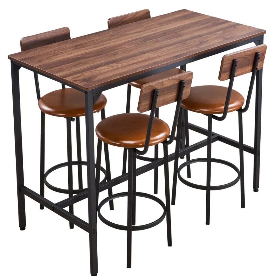 VEVOR Bar Table, 5PCS 47″ Bars Tables Set, Bar Tables and Chair Set with Rounded Edge Design, Rectangular Pub Table with Four Stools for Living Room, Dining Room, Kitchen, Walnut Color, Black