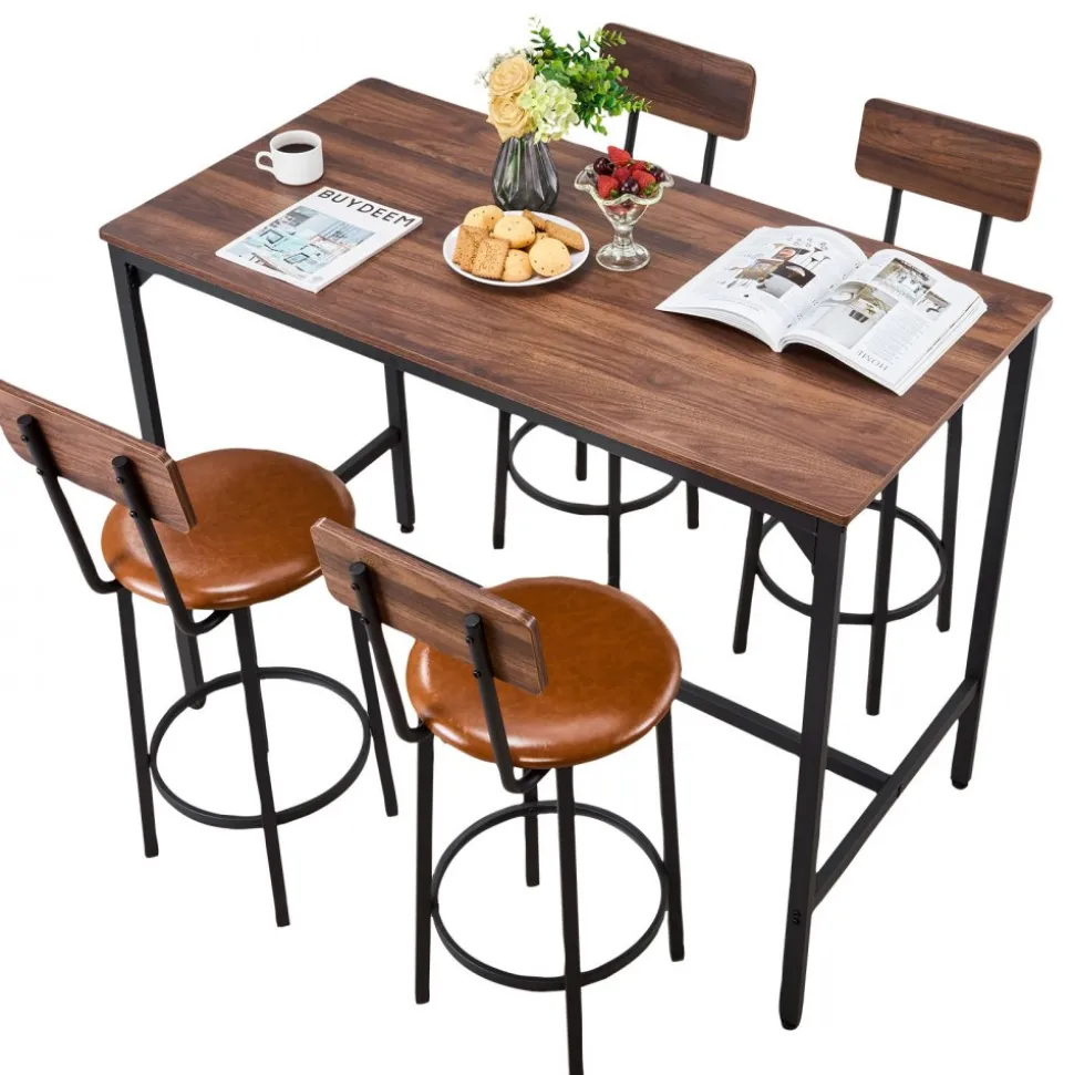 VEVOR Bar Table, 5PCS 47″ Bars Tables Set, Bar Tables and Chair Set with Rounded Edge Design, Rectangular Pub Table with Four Stools for Living Room, Dining Room, Kitchen, Walnut Color, Black