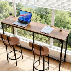 VEVOR Bar Table, 1PCS 63″ Kitchen Bar Table, Tall Dining Tables with Rounded Edge, Rectangular High Top Kitchen Tables for Balcony, Living Room, Light Brown, Black, Extended Horizontal Design
