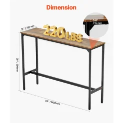VEVOR Bar Table, Sturdy Metal Frame High Top Pub Table, Narrow Long Kitchen Dining, Cocktail Counter Bar Height Desk, Easy to Assemble,39x16x35.5 in, for Living Room Party, Rustic Brown and Black