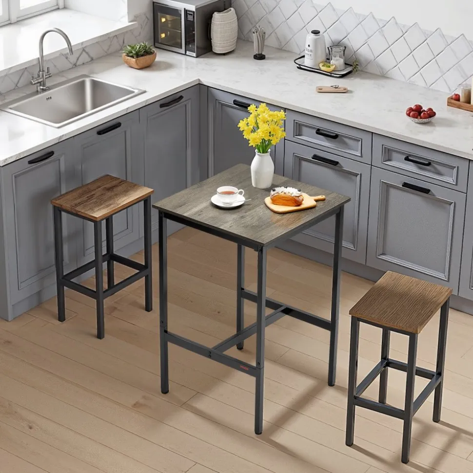 VEVOR Bar Table, Sturdy Metal Frame High Top Pub Table, Small Kitchen Dining, Cocktail Coffee Counter Bar Height Desk, Easy to Assemble, 24x24x36 in, for Living Room Party, Rustic Brown and Black