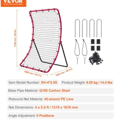 VEVOR Baseball And Softball Rebounder Net, 4 x 5.5 ft PitchBack Baseball Pitching Nest, Pitch Return Trainer Rebound Net with Pitching Target, All Angle Fielding Rebound Net for Grounders Pop Flies