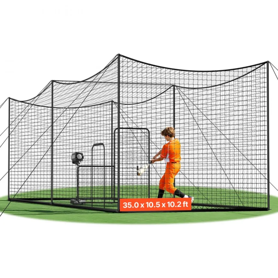 VEVOR Baseball Batting Cage, 35.0 x 10.5 x 10.2 FT Freestanding Portable Batting Cage, Hitting Cages with 45-Ply Knotted HDPE & Long Positioning Ropes, Battings Cages Netting for Indoor Outdoor
