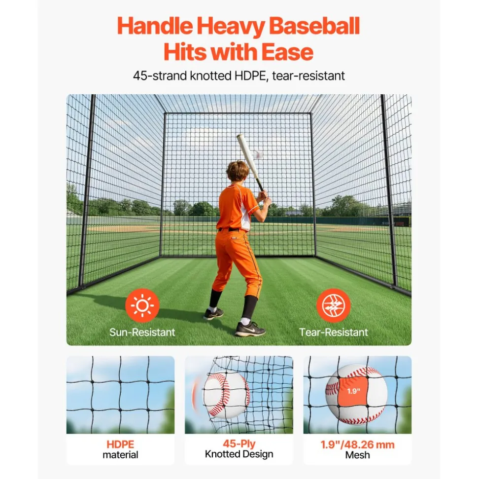 VEVOR Baseball Batting Cage, 35.0 x 10.5 x 10.2 FT Freestanding Portable Batting Cage, Hitting Cages with 45-Ply Knotted HDPE & Long Positioning Ropes, Battings Cages Netting for Indoor Outdoor
