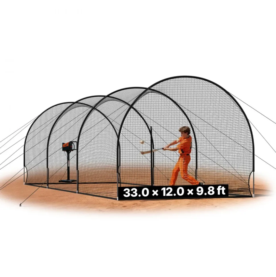 VEVOR Baseball Batting Cage, 33.0 x 12.0 x 9.8 FT Freestanding Portable Batting Cage, Hitting Cages with 4-Ply Knotless Polyester & Pitching Machine Opening, Battings Cages Netting for Indoor Outdoor