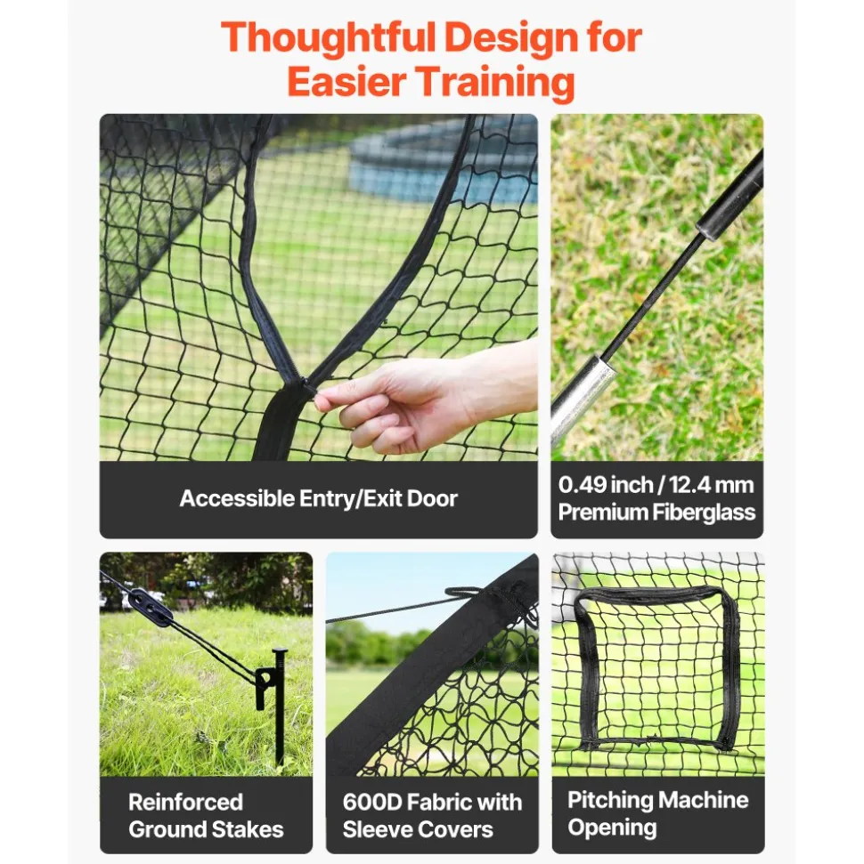 VEVOR Baseball Batting Cage, 33.0 x 12.0 x 9.8 FT Freestanding Portable Batting Cage, Hitting Cages with 4-Ply Knotless Polyester & Pitching Machine Opening, Battings Cages Netting for Indoor Outdoor