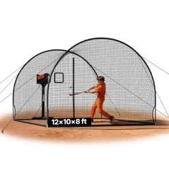 VEVOR Baseball Batting Cage, 12.0 x 10.2 x 7.6 FT Freestanding Portable Batting Cage, Hitting Cages with 4-Ply Knotless Polyester & Pitching Machine Opening, Battings Cages Netting for Indoor Outdoor
