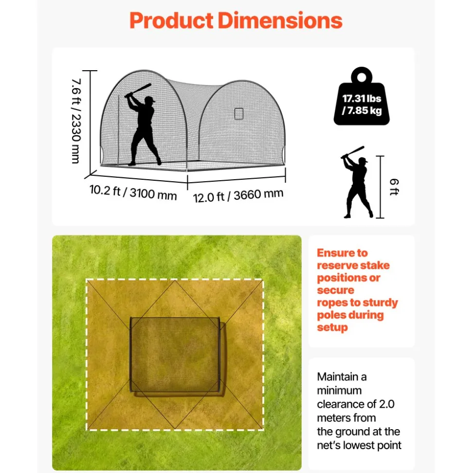 VEVOR Baseball Batting Cage, 12.0 x 10.2 x 7.6 FT Freestanding Portable Batting Cage, Hitting Cages with 4-Ply Knotless Polyester & Pitching Machine Opening, Battings Cages Netting for Indoor Outdoor