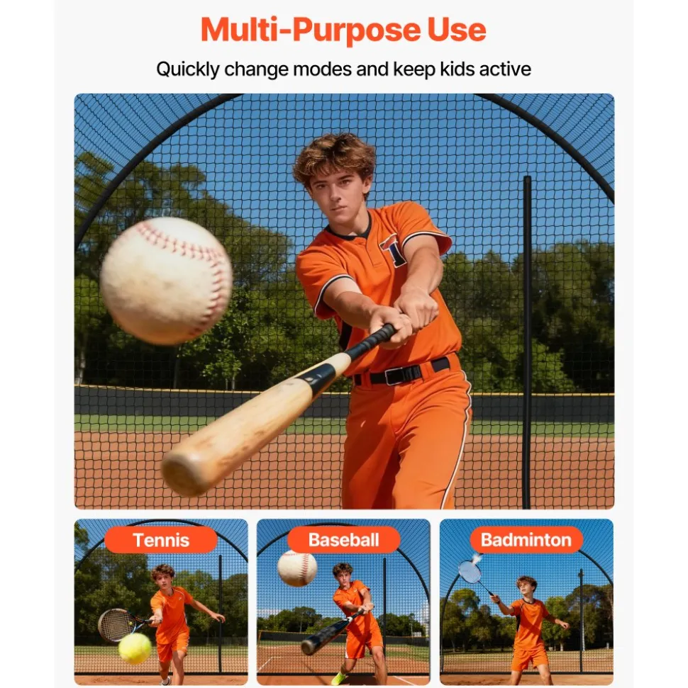 VEVOR Baseball Batting Cage, 12.0 x 10.2 x 7.6 FT Freestanding Portable Batting Cage, Hitting Cages with 4-Ply Knotless Polyester & Pitching Machine Opening, Battings Cages Netting for Indoor Outdoor