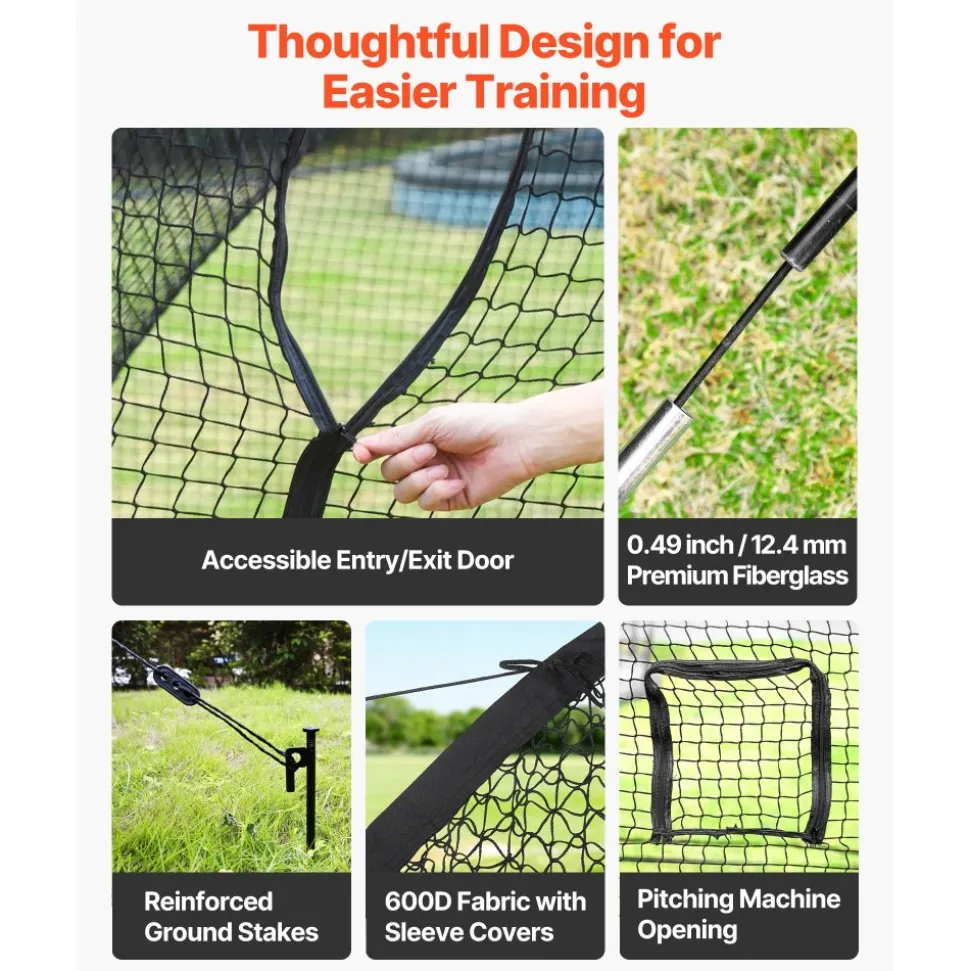 VEVOR Baseball Batting Cage, 22.2 x 12.1 x 7.9 FT Freestanding Portable Batting Cage, Hitting Cages with 4-Ply Knotless Polyester & Pitching Machine Opening, Battings Cages Netting for Indoor Outdoor