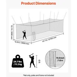 VEVOR Baseball Batting Cage, 41.7 x 12.8 x 10.1 FT Freestanding Portable Batting Cage, Hitting Cages with 30-Ply Knotted HDPE & Carabiner Hooks, Battings Cages Netting for Indoor, Outdoor (NET ONLY)