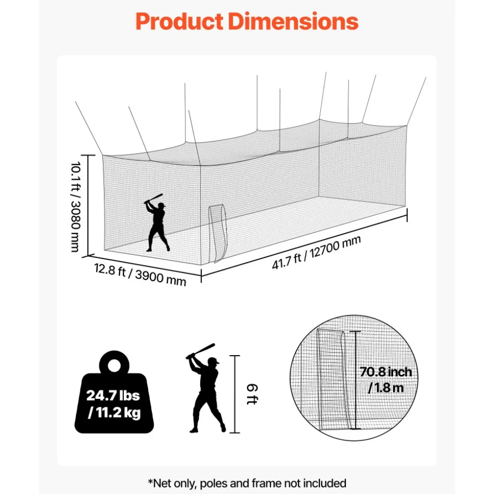 VEVOR Baseball Batting Cage, 41.7 x 12.8 x 10.1 FT Freestanding Portable Batting Cage, Hitting Cages with 30-Ply Knotted HDPE & Carabiner Hooks, Battings Cages Netting for Indoor, Outdoor (NET ONLY)