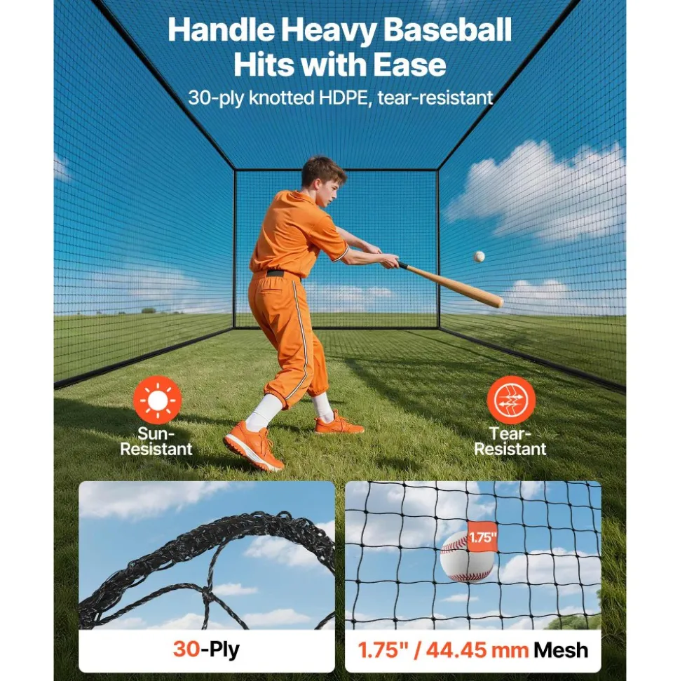 VEVOR Baseball Batting Cage, 41.7 x 12.8 x 10.1 FT Freestanding Portable Batting Cage, Hitting Cages with 30-Ply Knotted HDPE & Carabiner Hooks, Battings Cages Netting for Indoor, Outdoor (NET ONLY)