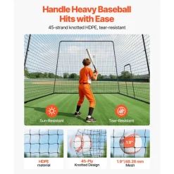 VEVOR Baseball Batting Cage, 39.4 x 12.1 x 10.2 FT Freestanding Portable Batting Cage, Hitting Cages with 45-Ply Knotted HDPE & Long Positioning Ropes, Battings Cages Netting for Indoor Outdoor