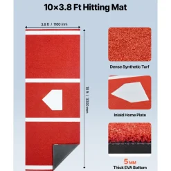 VEVOR Baseball Hitting Mat, 10x3.8 ft Batting Cage Mat, Batters Box Turf Mats, Softball Batting Practice Equipment with Home Plate and Anti Fade Turf, Portable Training Aid for Indoor Outdoor, Red
