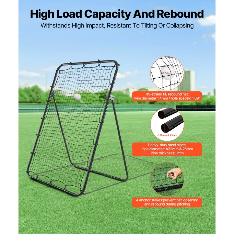 VEVOR Baseball Softball Rebounder Net 4 x 6 ft Pitch Back Trainer Target, 5 Adjustable Angles with Strike Zone, Steel Frame, Bounce Back Net for Pitching & Fielding Training, Return Practice