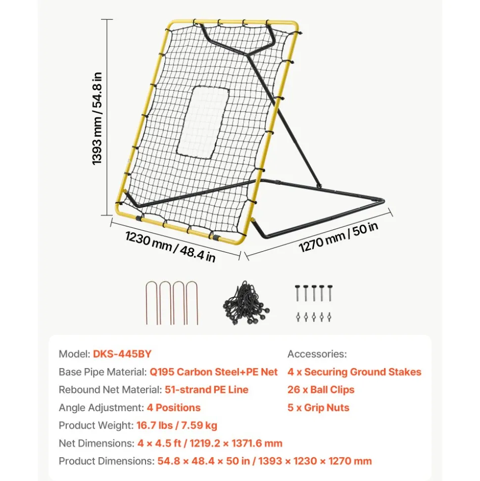 VEVOR Baseball Softball Rebounder Net 4 x 4.5 ft Pitch Back Trainer Target, 4 Adjustable Angles with Strike Zone, Steel Frame, Bounce Back Net for Pitching & Fielding Training, Return Practice