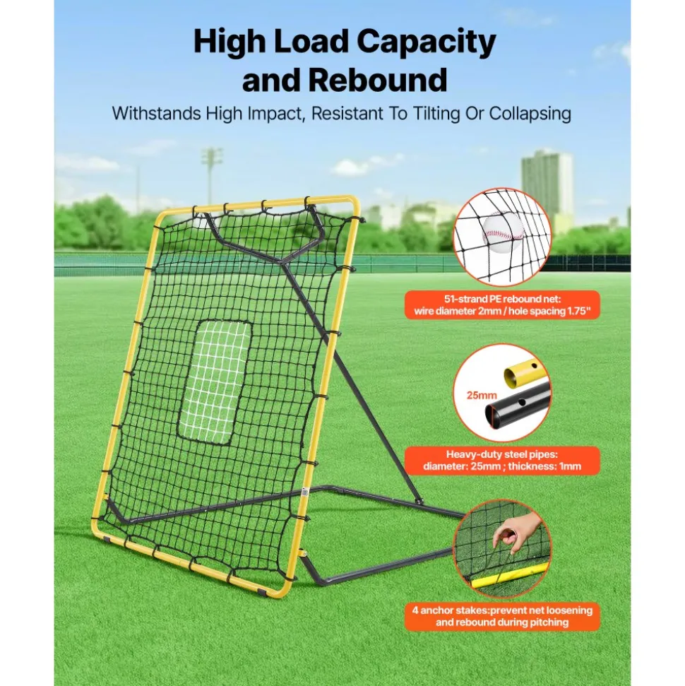 VEVOR Baseball Softball Rebounder Net 4 x 4.5 ft Pitch Back Trainer Target, 4 Adjustable Angles with Strike Zone, Steel Frame, Bounce Back Net for Pitching & Fielding Training, Return Practice