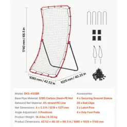 VEVOR Baseball Softball Rebounder Net 4 x 5.5 ft Pitch Back Trainer, 5 Adjustable Angles, Heavy-duty Steel Frame, All Angle Bounce Back Net for Pitching & Fielding Training Aid, Return Practice