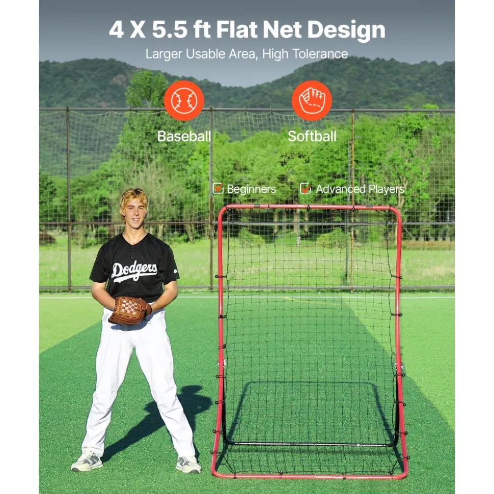 VEVOR Baseball Softball Rebounder Net 4 x 5.5 ft Pitch Back Trainer, 5 Adjustable Angles, Heavy-duty Steel Frame, All Angle Bounce Back Net for Pitching & Fielding Training Aid, Return Practice