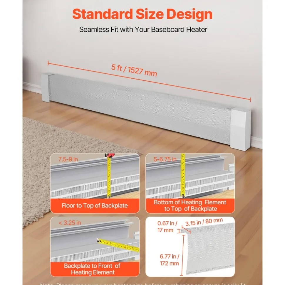 VEVOR Baseboard Heater Covers, Premium Series 5 ft Standard Electric Heating Unit Front Cover for Home Improvement, Heavy-duty Steel, Easy Installation for Bedroom Replacing Old Cover, White