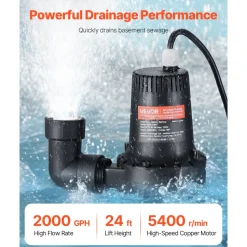 VEVOR Basement Emergency Back-Up Sump Pump, 2000GPH 0.17 HP Backup Sump Pump System, with 15V Adapter, Float Switch, 24-Hour-a-Day Monitoring Controller, Alerts, and Charger, Black