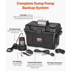 VEVOR Basement Emergency Back-Up Sump Pump, 2000GPH 0.17 HP Backup Sump Pump System, with 15V Adapter, Float Switch, 24-Hour-a-Day Monitoring Controller, Alerts, and Charger, Black