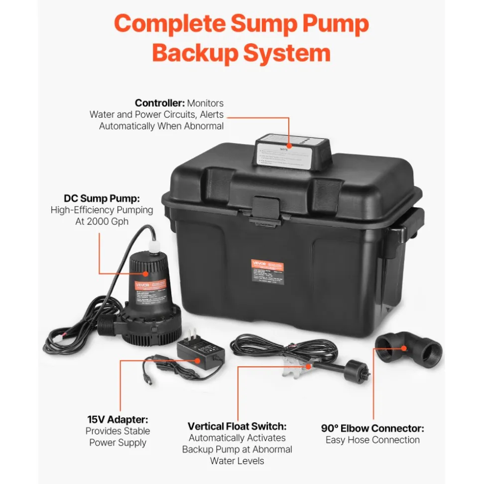 VEVOR Basement Emergency Back-Up Sump Pump, 2000GPH 0.17 HP Backup Sump Pump System, with 15V Adapter, Float Switch, 24-Hour-a-Day Monitoring Controller, Alerts, and Charger, Black