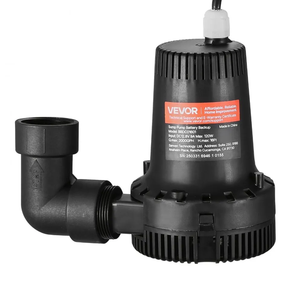 VEVOR Basement Emergency Back-Up Sump Pump, 2000GPH 0.17 HP Backup Sump Pump System, with 15V Adapter, Float Switch, 24-Hour-a-Day Monitoring Controller, Alerts, and Charger, Black