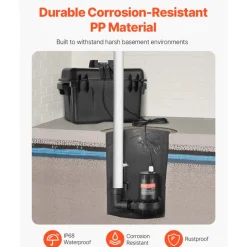 VEVOR Basement Emergency Back-Up Sump Pump, 2000GPH 0.17 HP Backup Sump Pump System, with 15V Adapter, Float Switch, 24-Hour-a-Day Monitoring Controller, Alerts, and Charger, Black